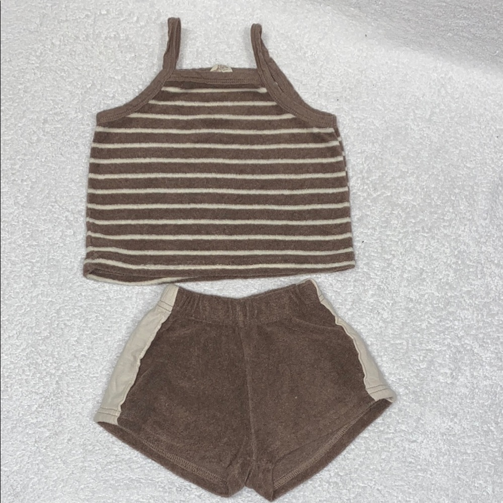 The Beige terry Striped Brown and Cream Tank Top and Shorts Set xs